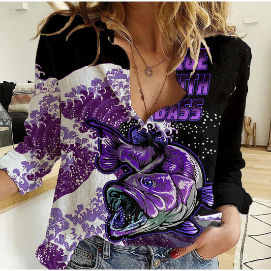 (Custom Personalised) Bass Fishing Purple Women Casual Shirt