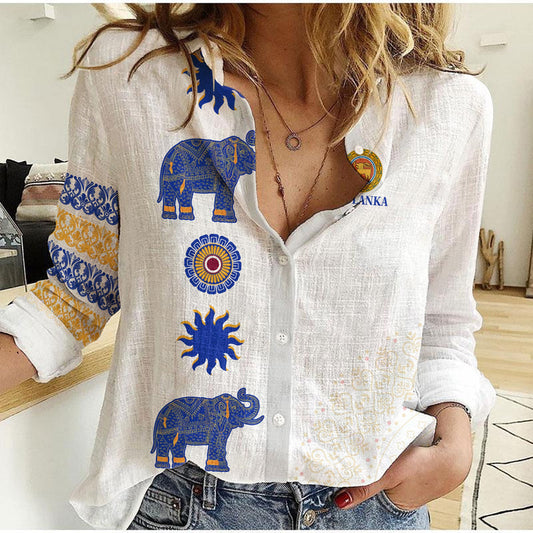 (Custom Personalised) Sri Lanka Traditional Pattern and Elephants Women Casual Shirt