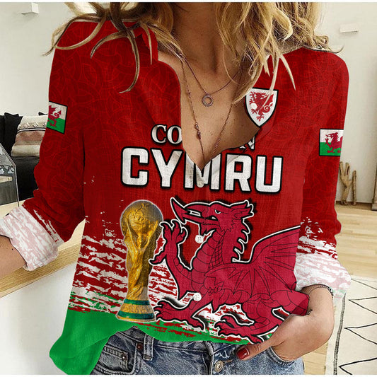 (Custom Text and Number) Wales Football Come On CYMRU The Red Wall Champions World Cup Women Casual Shirt