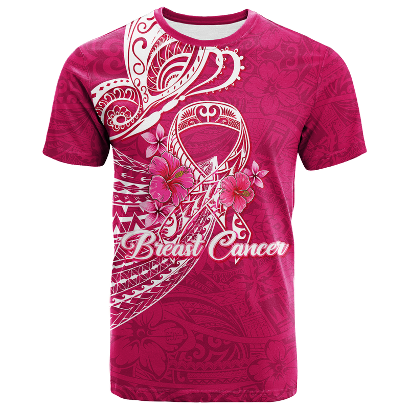 Custom Breast Cancer Pink Ribbon Butterfly Polynesian Pink Version T Shirt