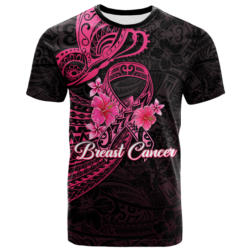 Custom Breast Cancer Pink Ribbon Butterfly Polynesian Black Version T Shirt