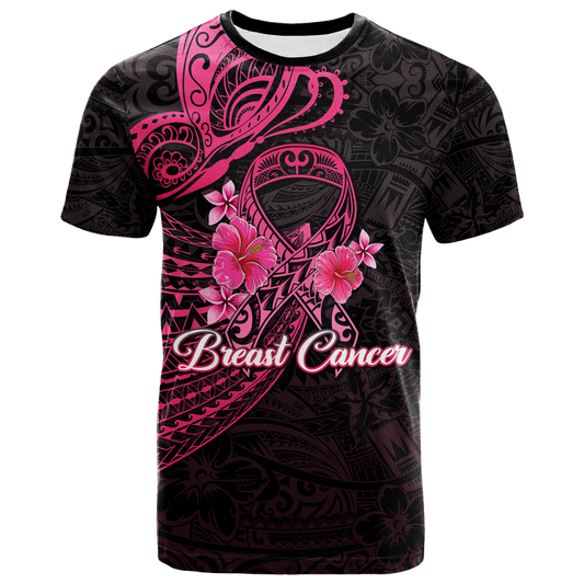 Custom Breast Cancer Pink Ribbon Butterfly Polynesian Black Version T Shirt