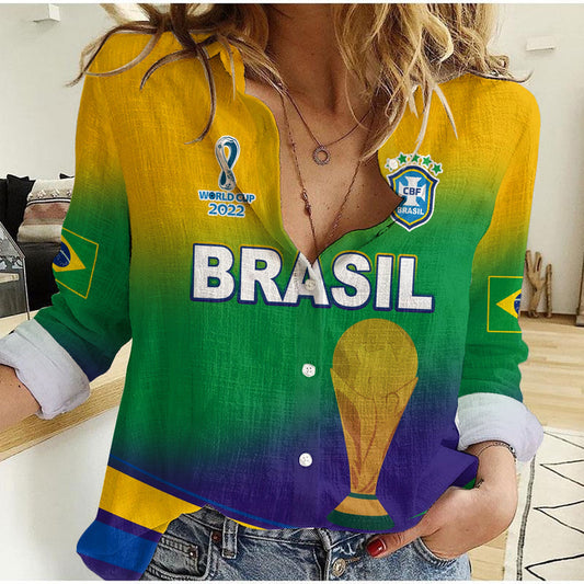 (Custom Text and Number) Brazil Football Soccer 2022 World Cup Selecao Brasil Campeao Style Color Flag Women Casual Shirt