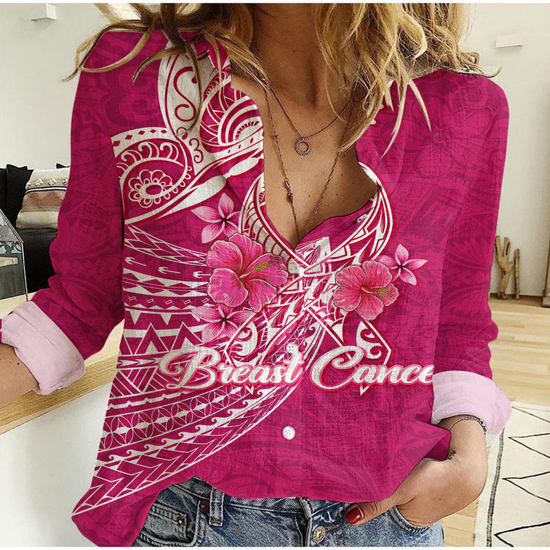 Custom Breast Cancer Pink Ribbon Butterfly Polynesian Pink Version Women Casual Shirt