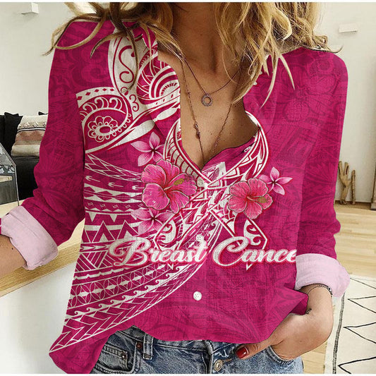 Custom Breast Cancer Pink Ribbon Butterfly Polynesian Pink Version Women Casual Shirt