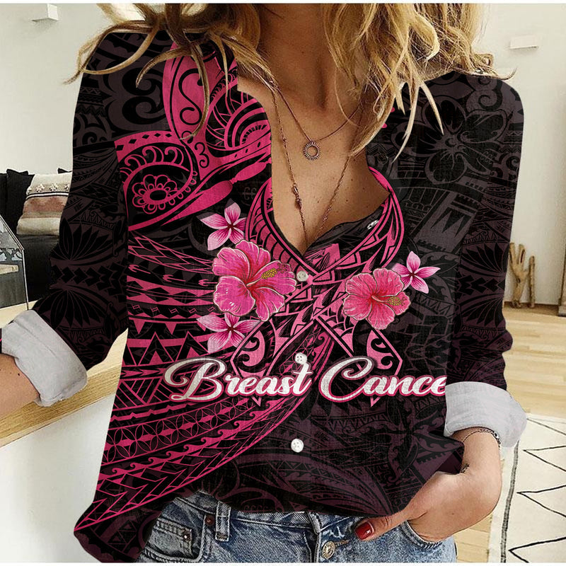 Custom Breast Cancer Pink Ribbon Butterfly Polynesian Black Version Women Casual Shirt