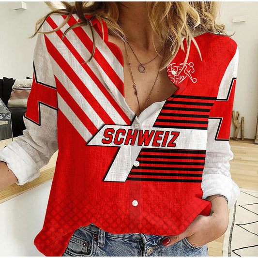 (Custom Text and Number) Switzerland Football Schweizer Pati Champion Sporty Women Casual Shirt