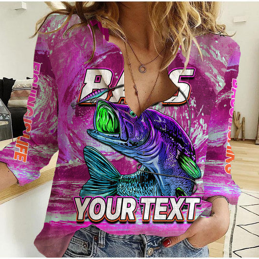 (Custom Personalised) Bass Fishing is Life Hook Sport Largemouth Pink Women Casual Shirt