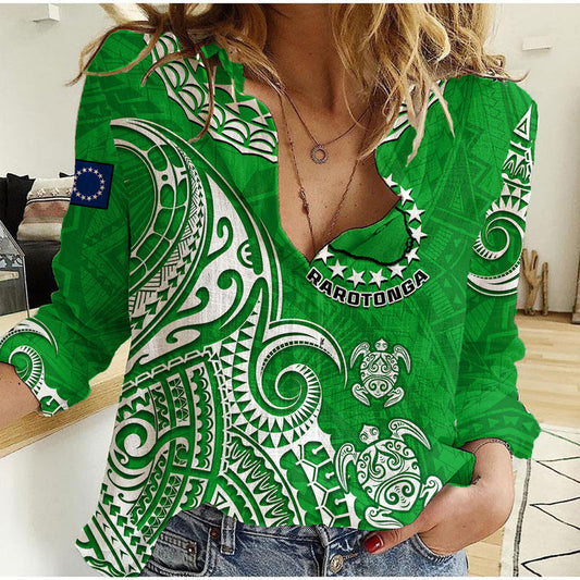 (Custom Personalised) Rarotonga Cook Islands Polynesian Turtle Art Women Casual Shirt