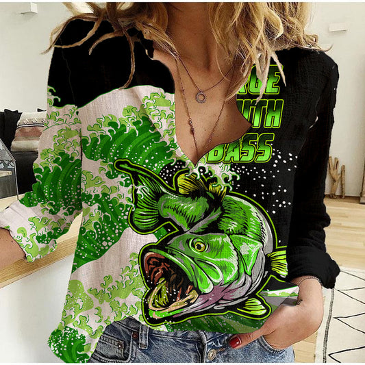 (Custom Personalised) Bass Fishing Green Women Casual Shirt