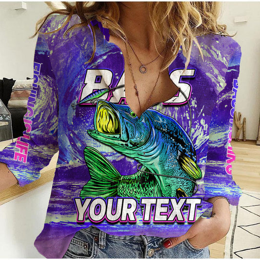 (Custom Personalised) Bass Fishing is Life Hook Sport Largemouth Purple Women Casual Shirt