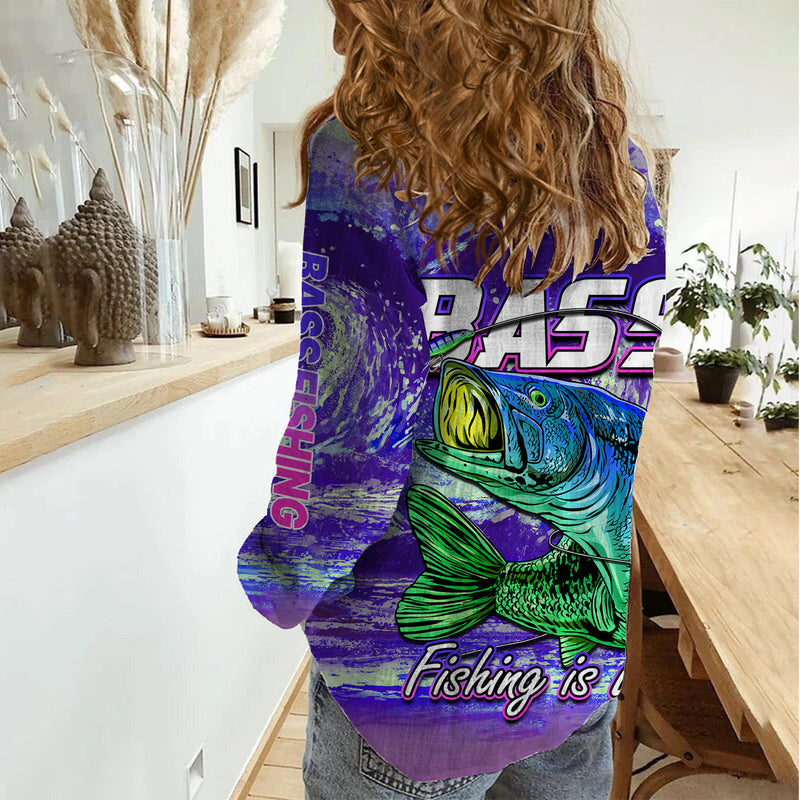 (Custom Personalised) Bass Fishing is Life Hook Sport Largemouth Purple Women Casual Shirt