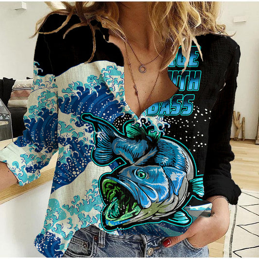 (Custom Personalised) Bass Fishing Blue Women Casual Shirt