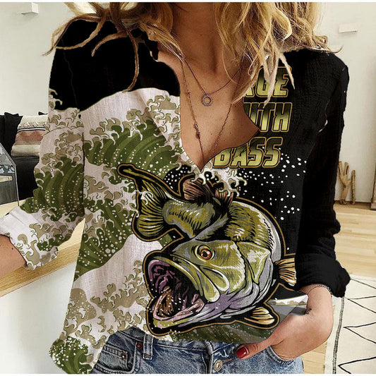 (Custom Personalised) Bass Fishing Gold Women Casual Shirt