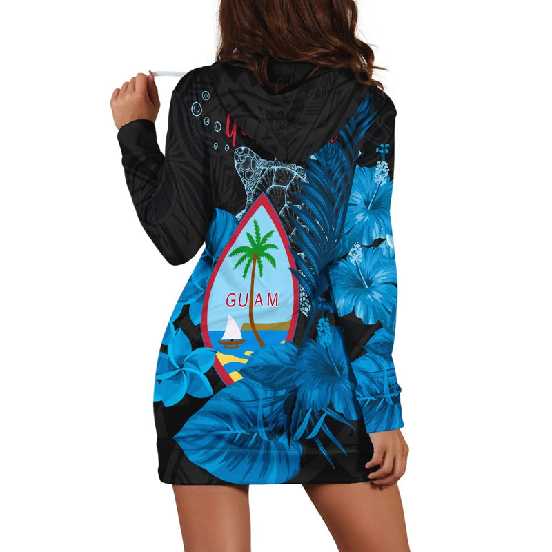 (Custom Personalised) Guam Seal Hoodie Dress Polynesian Turtle with Flowers Version Blue