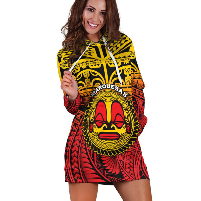 (Custom Personalised) Marquesas Islands Hoodie Dress Mata Tiki Polynesian Pattern