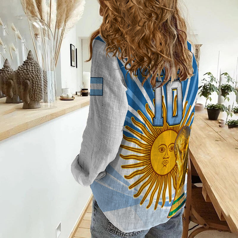 (Custom Text and Number) Argentina Football The Sun WC2022 Soccer Vamos La Albiceleste Women Casual Shirt