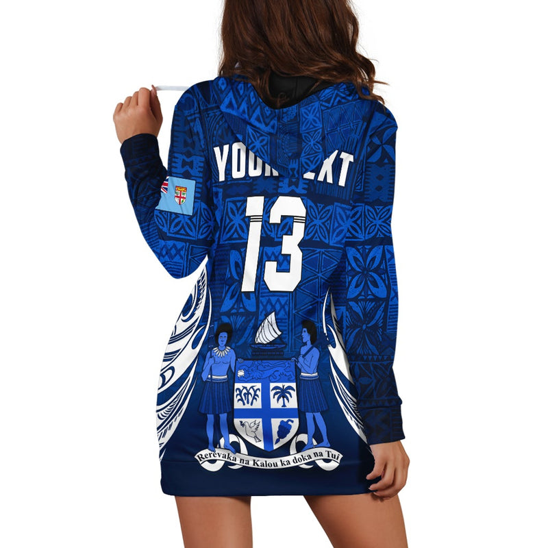 (Custom Text and Number ) Fiji Rugby Hoodie Dress Flying Fijians Blue Tapa Pattern