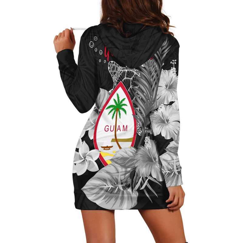 (Custom Personalised) Guam Seal Hoodie Dress Polynesian Turtle with Flowers Version White