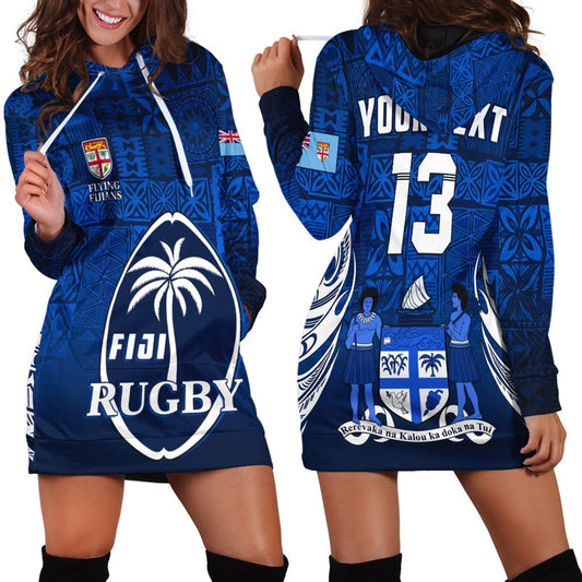 (Custom Text and Number ) Fiji Rugby Hoodie Dress Flying Fijians Blue Tapa Pattern