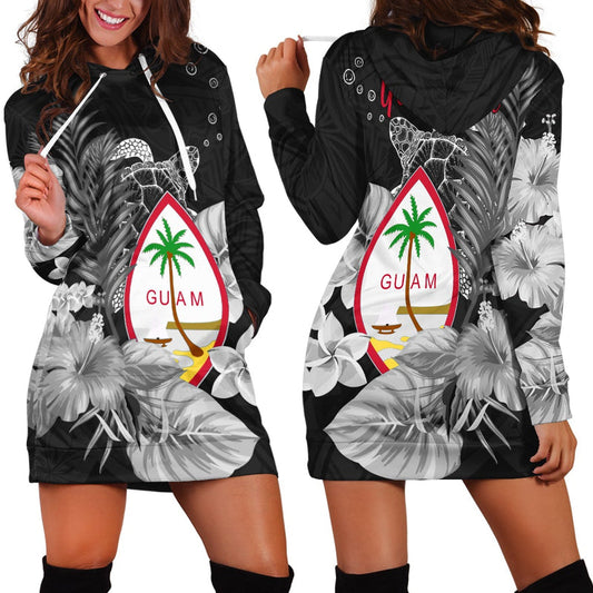 (Custom Personalised) Guam Seal Hoodie Dress Polynesian Turtle with Flowers Version White