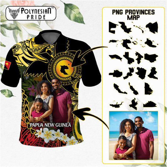 Custom Photo Papua New Guinea Independence Day PNG Provinces Map Tropical Flowers Polo Shirt
