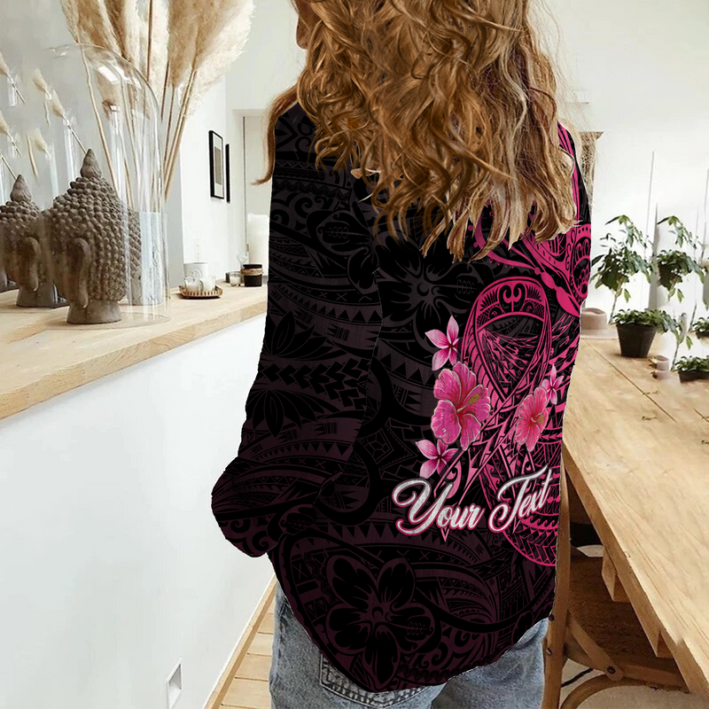 Custom Breast Cancer Pink Ribbon Butterfly Polynesian Black Version Women Casual Shirt