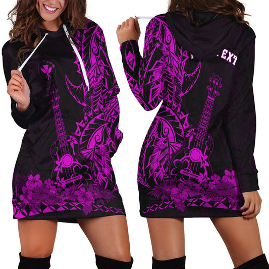 (Custom Personalised) Hawaii Polynesian Hoodie Dress Ukulele Purple
