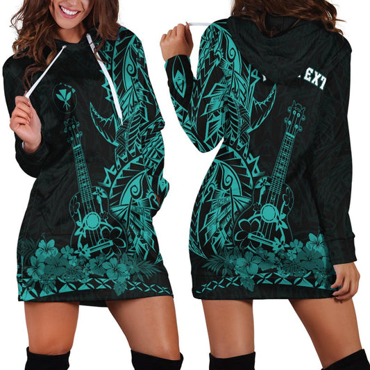(Custom Personalised) Hawaii Polynesian Hoodie Dress Ukulele Turquoise
