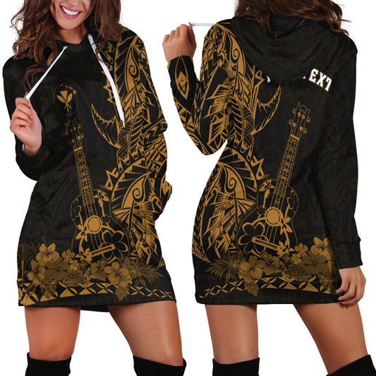 (Custom Personalised) Hawaii Polynesian Hoodie Dress Ukulele Gold
