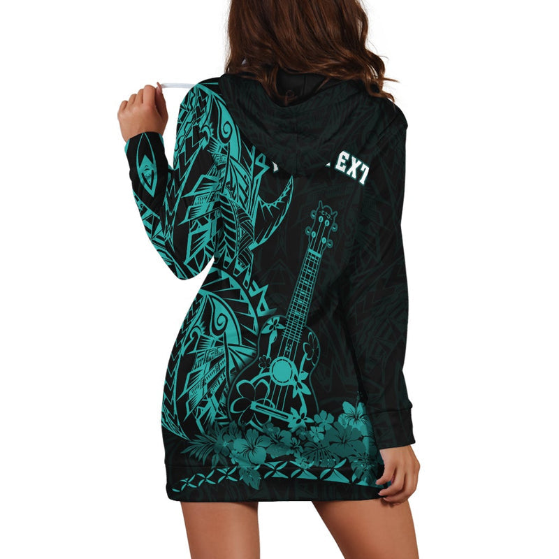 (Custom Personalised) Hawaii Polynesian Hoodie Dress Ukulele Turquoise