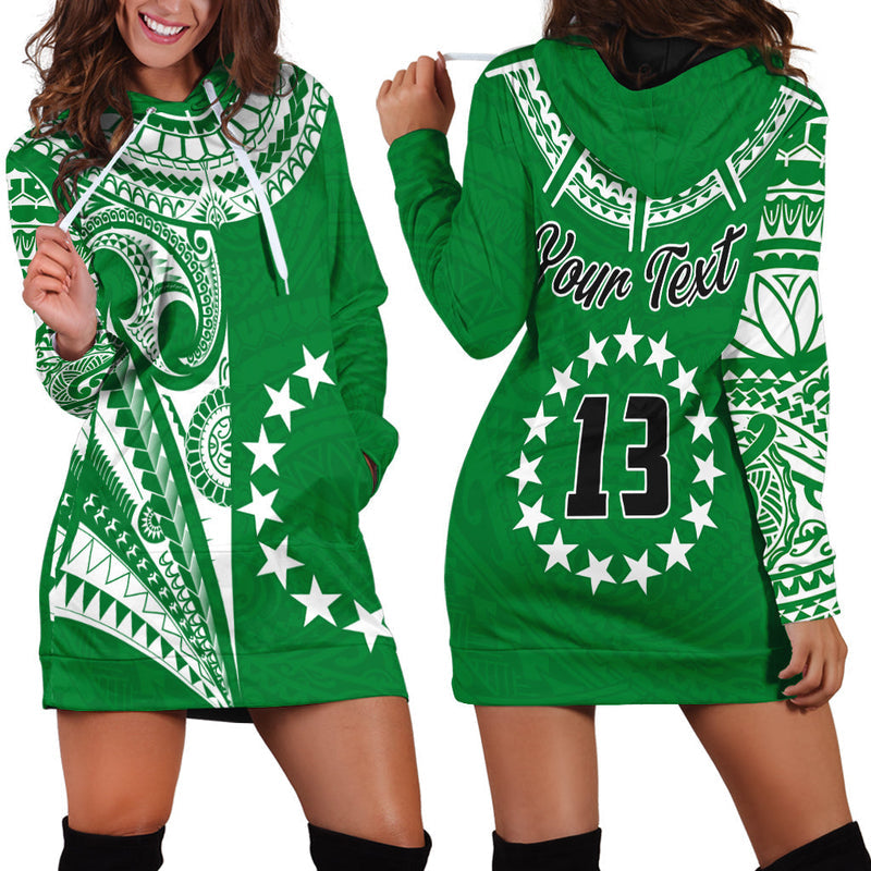 (Custom Text and Number) Cook Islands Tatau Hoodie Dress Symbolize Passion Stars Version Green