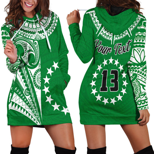 (Custom Text and Number) Cook Islands Tatau Hoodie Dress Symbolize Passion Stars Version Green
