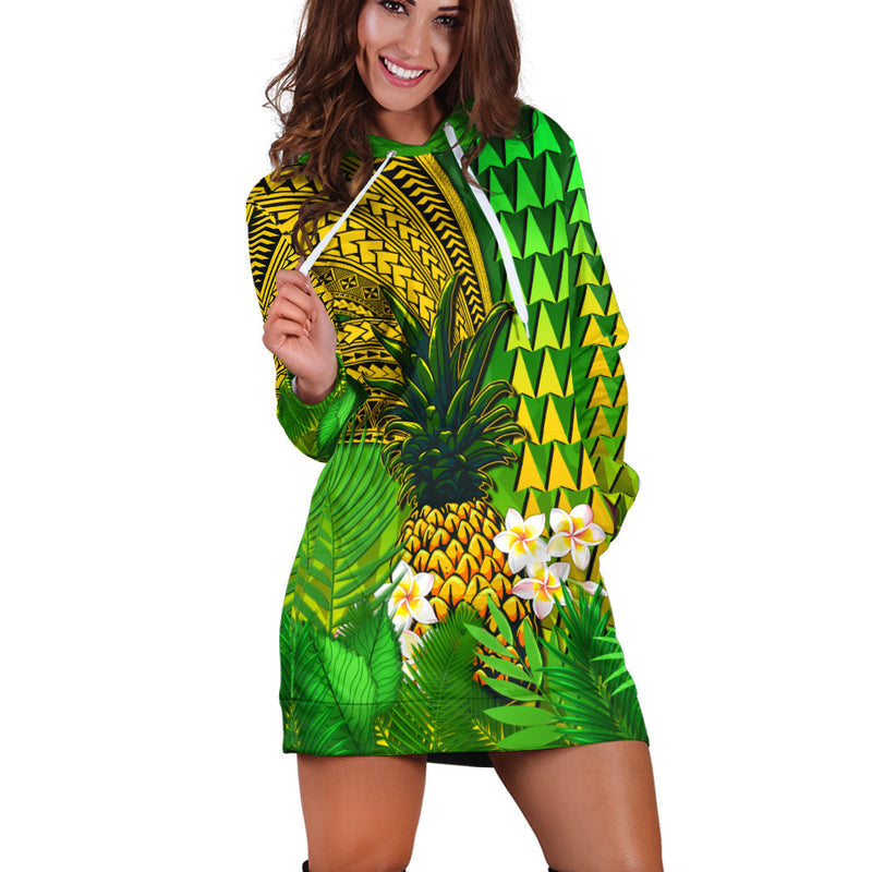 (Custom Personalised) Hawaii Pineapple Hoodie Dress Plumeria Frangipani Mix Tribal Pattern