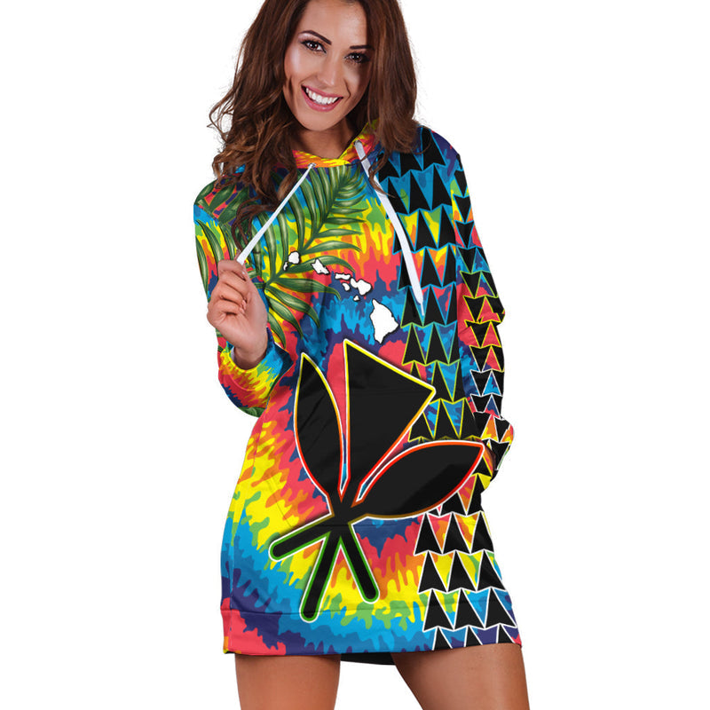 (Custom Personalised) Hawaii Rainbow Tie Dye Hoodie Dress Flowers Polynesian Hawaiian Tribal