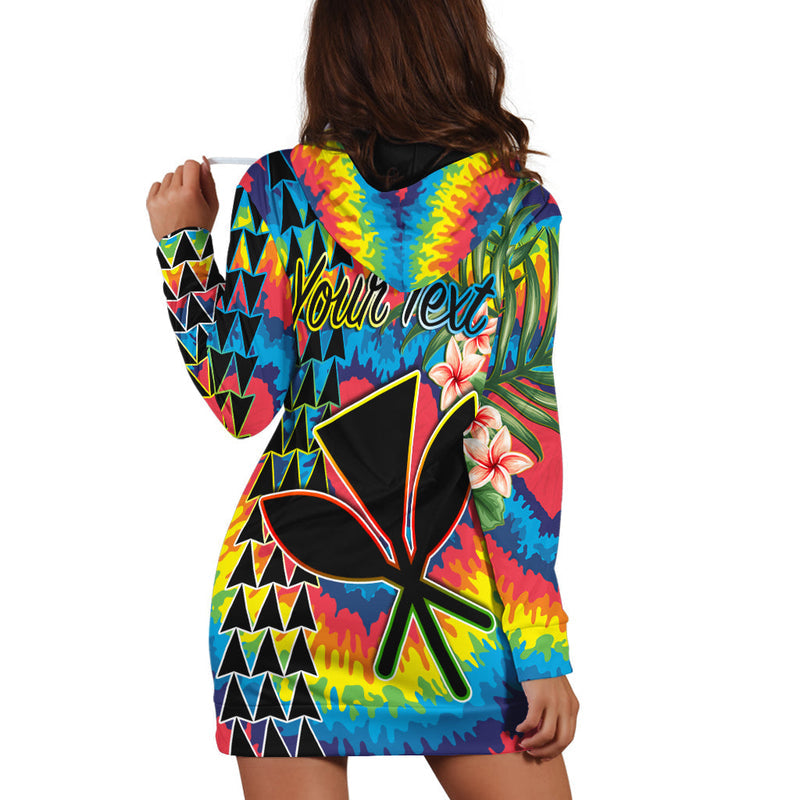 (Custom Personalised) Hawaii Rainbow Tie Dye Hoodie Dress Flowers Polynesian Hawaiian Tribal