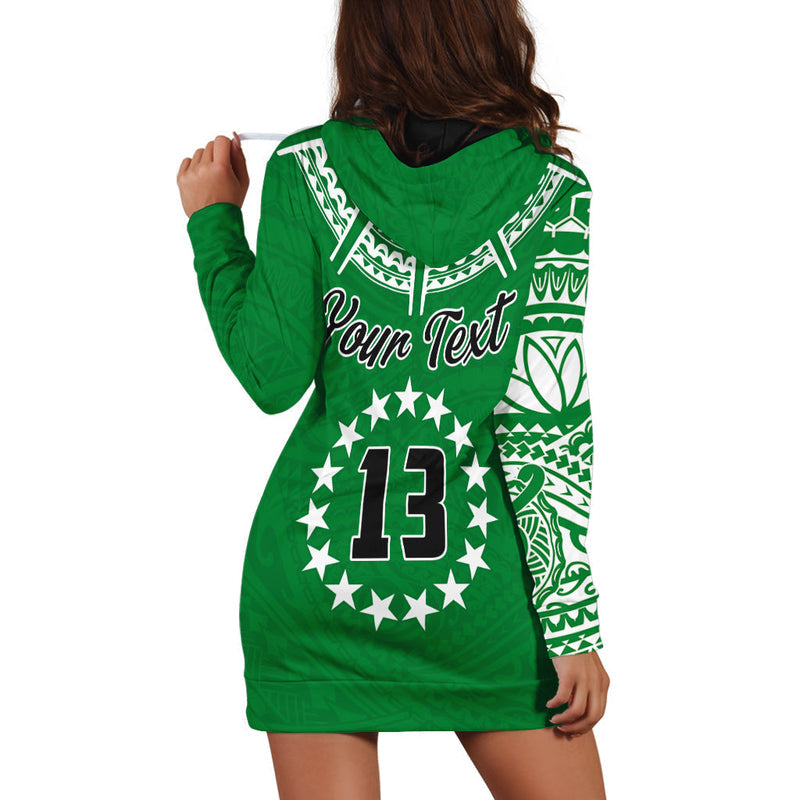 (Custom Text and Number) Cook Islands Tatau Hoodie Dress Symbolize Passion Stars Version Green