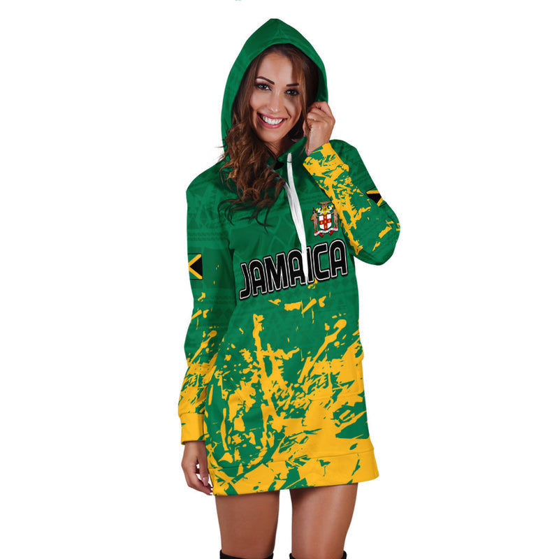 (Custom Text and Number) Jamaica Athletics Hoodie Dress Jamaican Flag With African Pattern Sporty Style