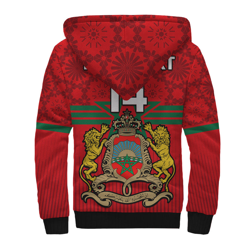 (Custom Text And Number) Morocco Football World Cup 2022 Red Moroccan Pattern Sherpa Hoodie