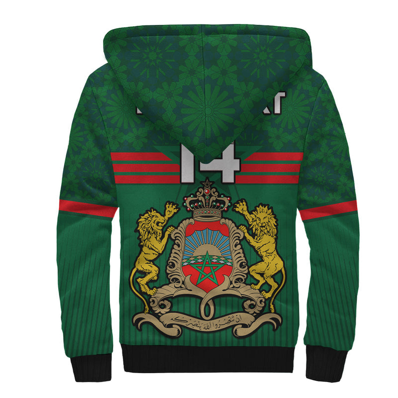 (Custom Text And Number) Morocco Football World Cup 2022 Green Moroccan Pattern Sherpa Hoodie