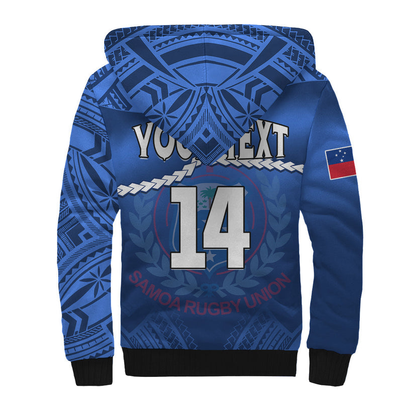 (Custom Text And Number) Samoa Rugby Manu Samoa Polynesian Hibiscus Blue Style Sherpa Hoodie