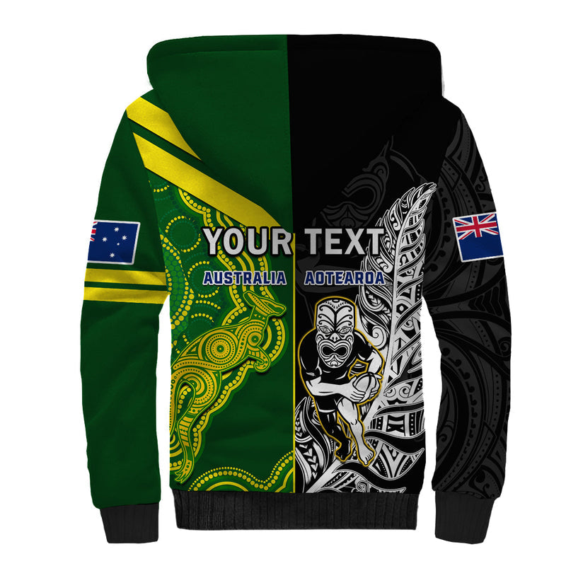 (Custom Personalised) Australia Kangaroos And All Black Rugby Aboriginal Mix NZ Maori Fern Sherpa Hoodie