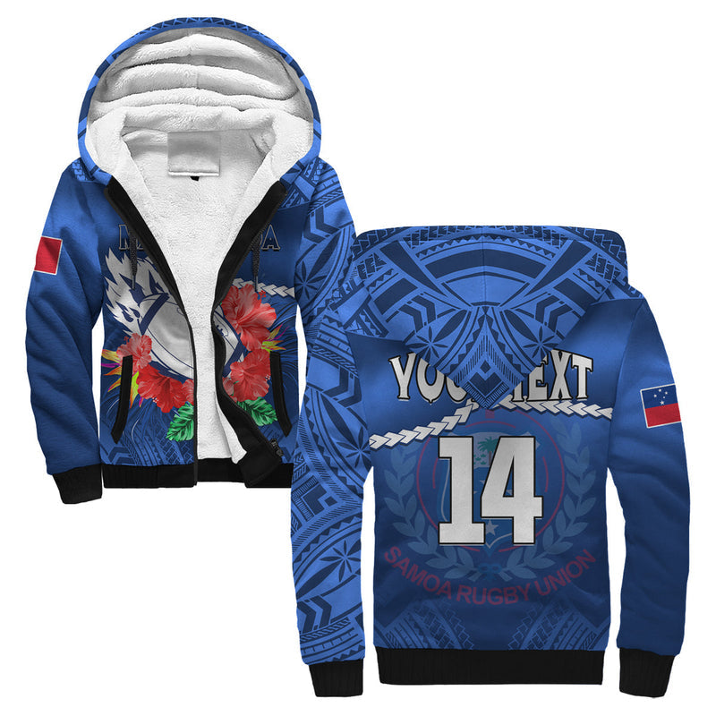 (Custom Text And Number) Samoa Rugby Manu Samoa Polynesian Hibiscus Blue Style Sherpa Hoodie