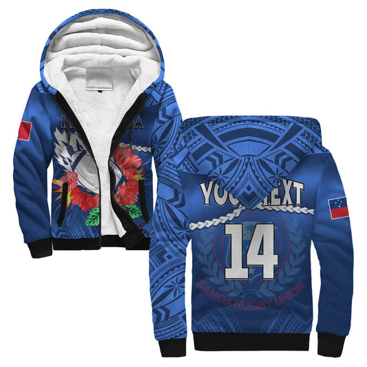 (Custom Text And Number) Samoa Rugby Manu Samoa Polynesian Hibiscus Blue Style Sherpa Hoodie