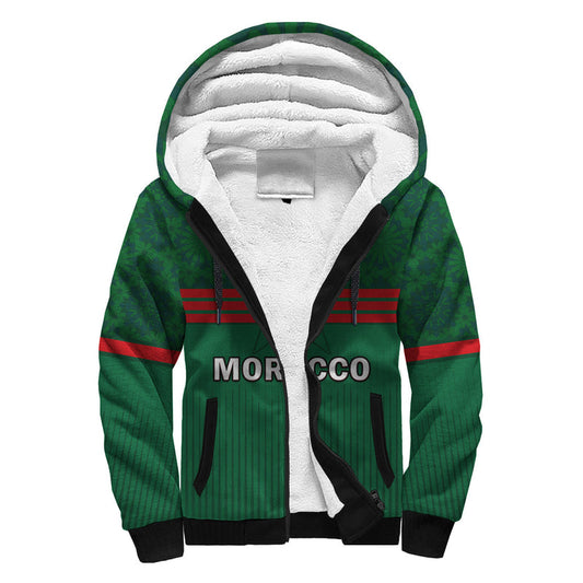 (Custom Text And Number) Morocco Football World Cup 2022 Green Moroccan Pattern Sherpa Hoodie