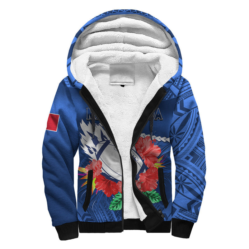 (Custom Text And Number) Samoa Rugby Manu Samoa Polynesian Hibiscus Blue Style Sherpa Hoodie