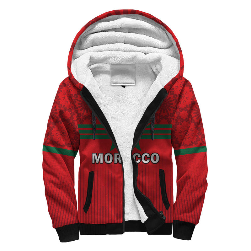 (Custom Text And Number) Morocco Football World Cup 2022 Red Moroccan Pattern Sherpa Hoodie