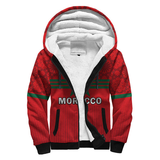 (Custom Text And Number) Morocco Football World Cup 2022 Red Moroccan Pattern Sherpa Hoodie