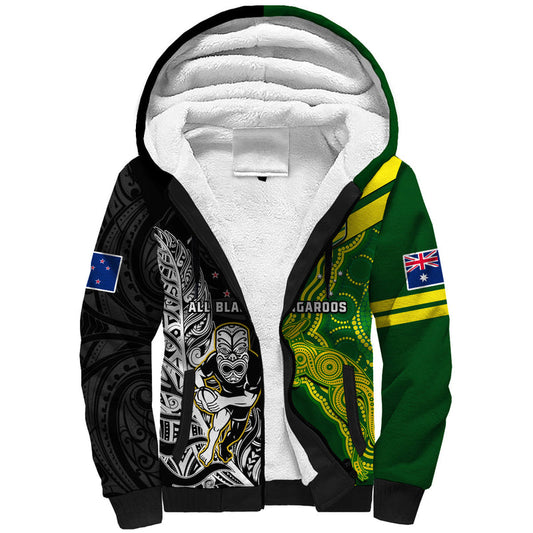 (Custom Personalised) Australia Kangaroos And All Black Rugby Aboriginal Mix NZ Maori Fern Sherpa Hoodie