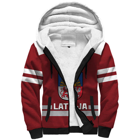 (Custom Text And Number) Latvia Hockey 2023 Red Sporty Style Sherpa Hoodie